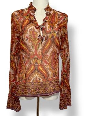 Esther Chen Sheer Silk Paisley Bell Long-Sleeve Blouse Rust Orange Purple Size 8